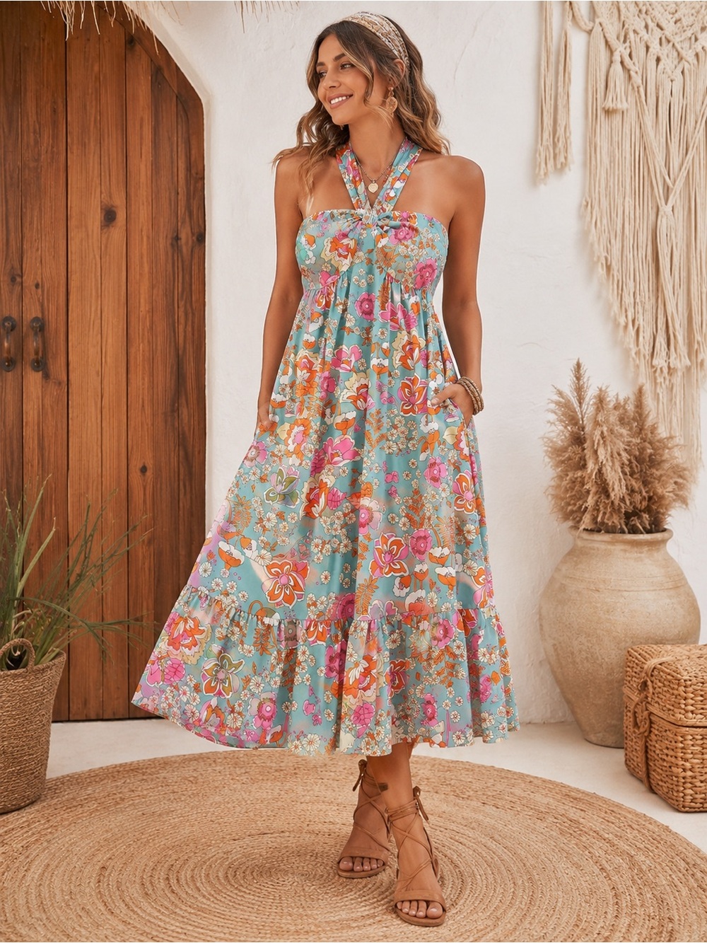 🌺 Grace Karin Floral Halter Midi Dress | Retro Boho Print